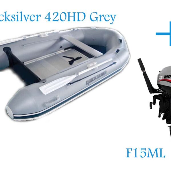 Quicksilver Heavy Duty 420 Grey Inflatable Boat and Mariner F15ML 15hp 4 Stroke Bundle