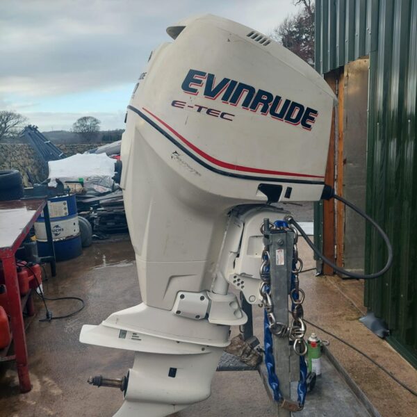 Used 200hp Evinrude Etec – Longshaft, electric start, remote control, PTT.