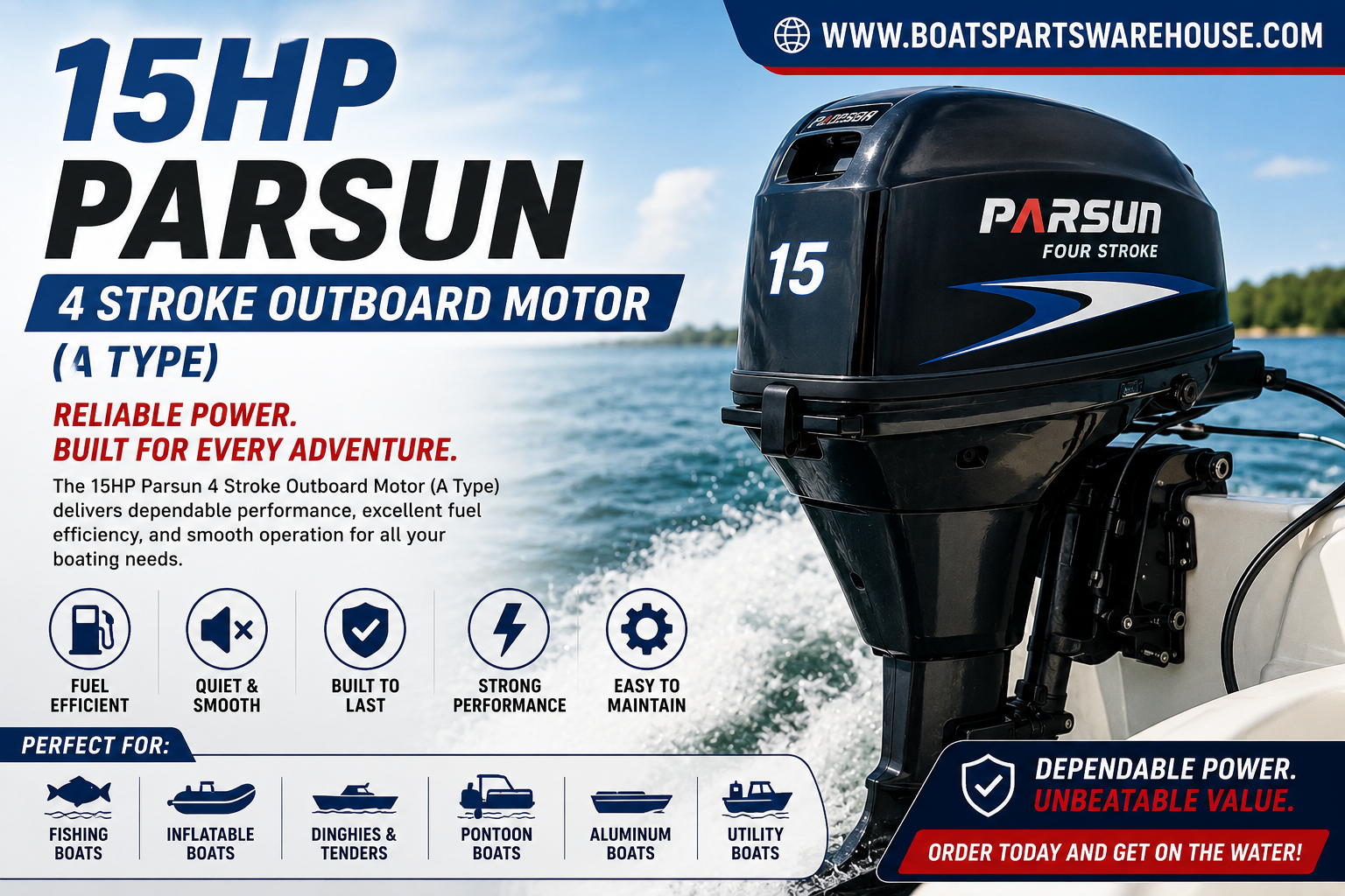 15HP Parsun 4 Stroke Outboard Motor (A Type) mounted on a fishing boat ready for marine adventures