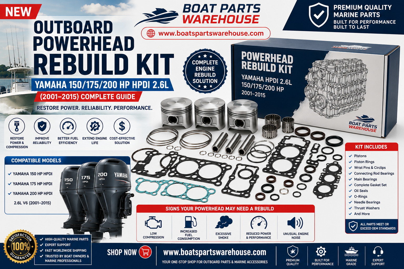 Yamaha 150 175 200 HP HPDI 2.6L Powerhead Rebuild Kit for 2001–2015 Outboard Motors