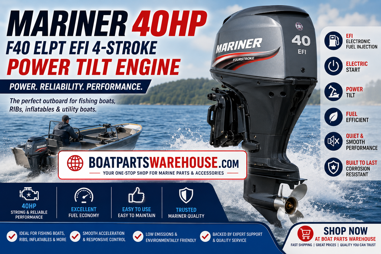 Mariner 40HP Outboard F40 ELPT EFI 4-Stroke Power Tilt Engine for fishing boats, RIB boats, and recreational vessels