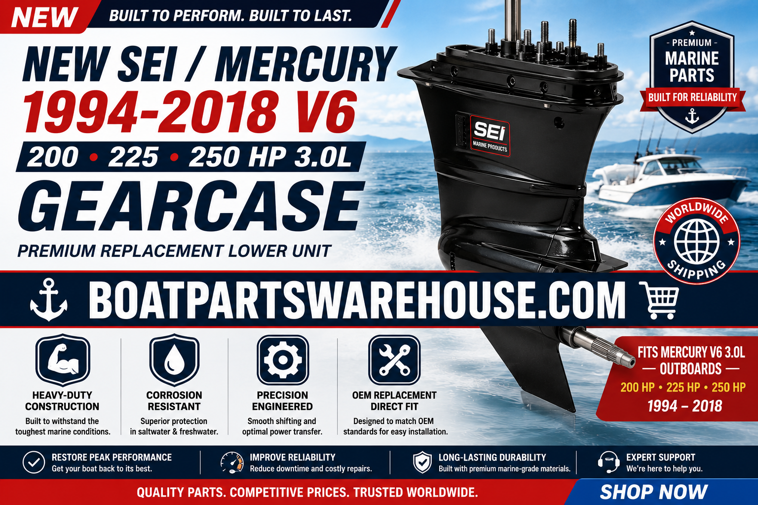New SEI Mercury 3.0L Gearcase replacement lower unit for Mercury V6 200HP, 225HP and 250HP outboard engines