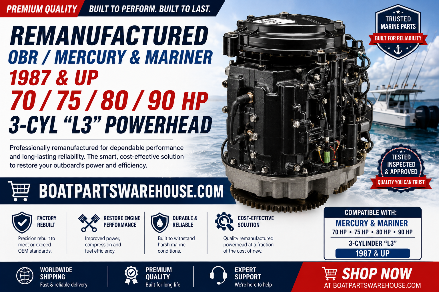 Remanufactured OBR Mercury & Mariner 70 75 80 90 HP 3-Cylinder L3 Powerhead for outboard engines